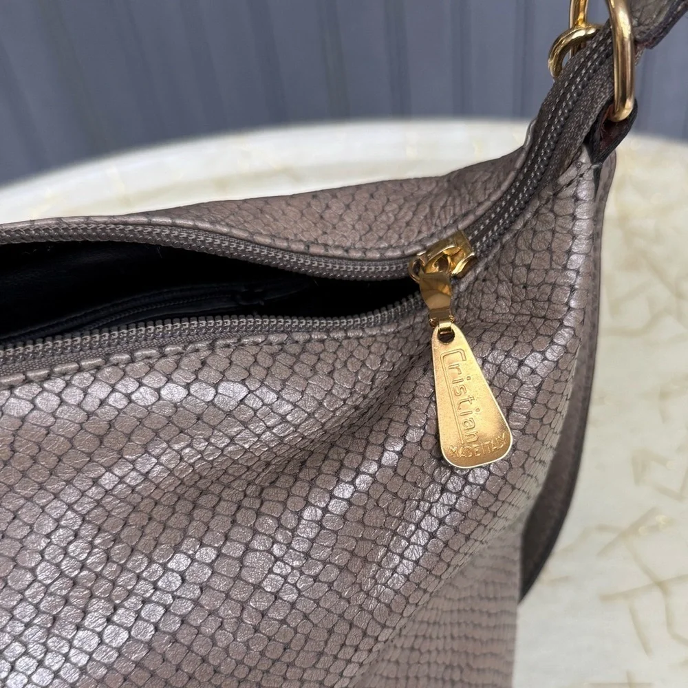 Vintage Metallic Taupe Snake-Embossed Leather Crossbody Bag